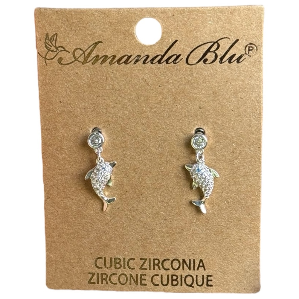 AMANDA BLU Silver Dolphin Earrings Cubic Zirconia CZ Stud Dangle NEW